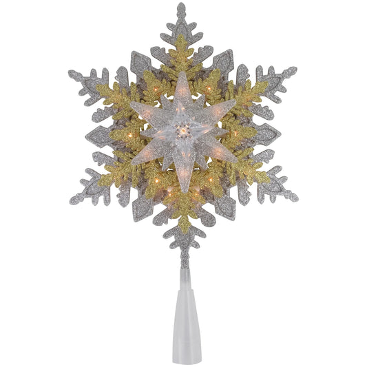 13.75" Lighted Gold and Silver Snowflake Christmas Tree Topper, Clear Lights