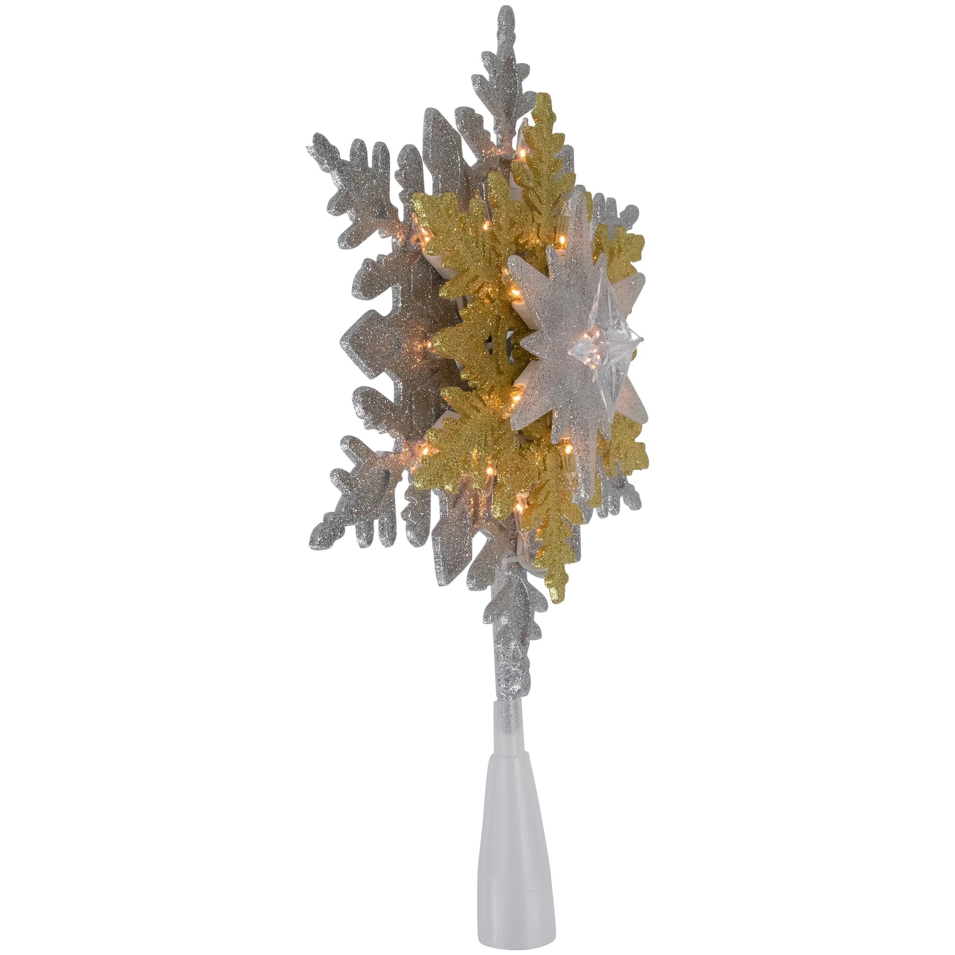 13.75" Lighted Gold and Silver Snowflake Christmas Tree Topper, Clear Lights