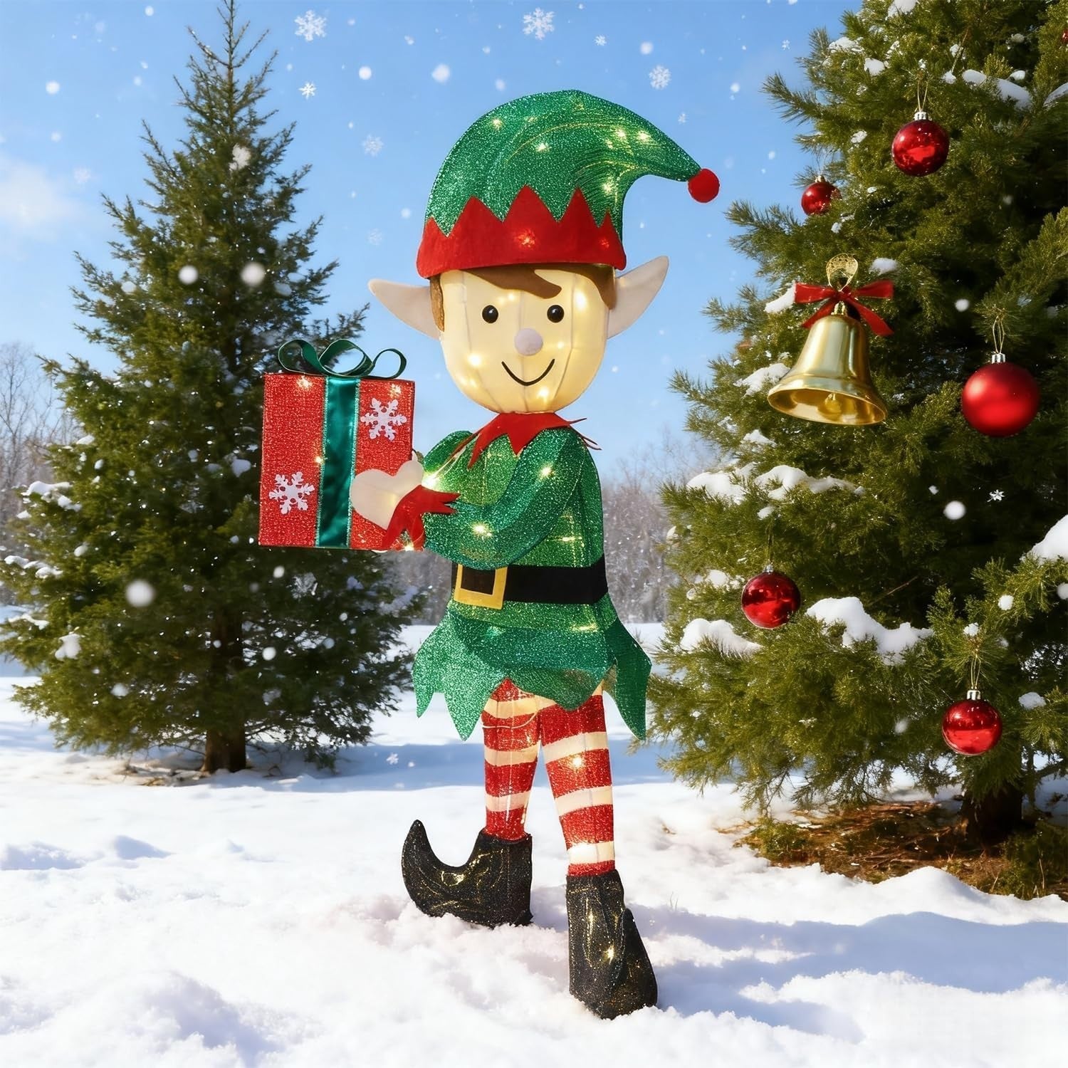 Lighted Christmas Outdoor Decor, 38" Height Pre-Lit 3D Tinsel Xmas Green Elf