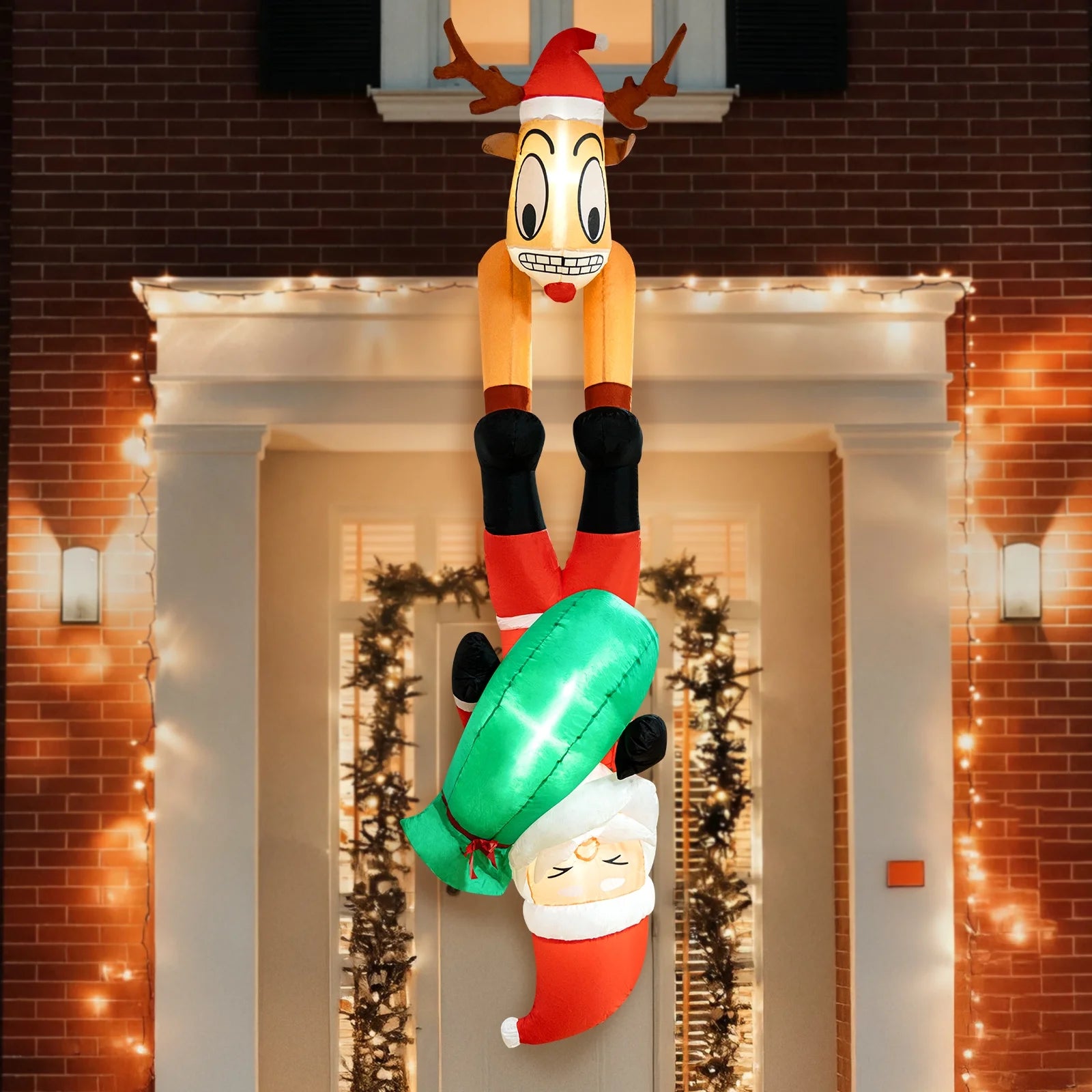 8FT Christmas Inflatables Decoration Outdoor Reindeer and Hanging Santa Blow up with Build-In LED Christmas Decorations Indoor Outdoor Yard Patio Garden Lawn Decor