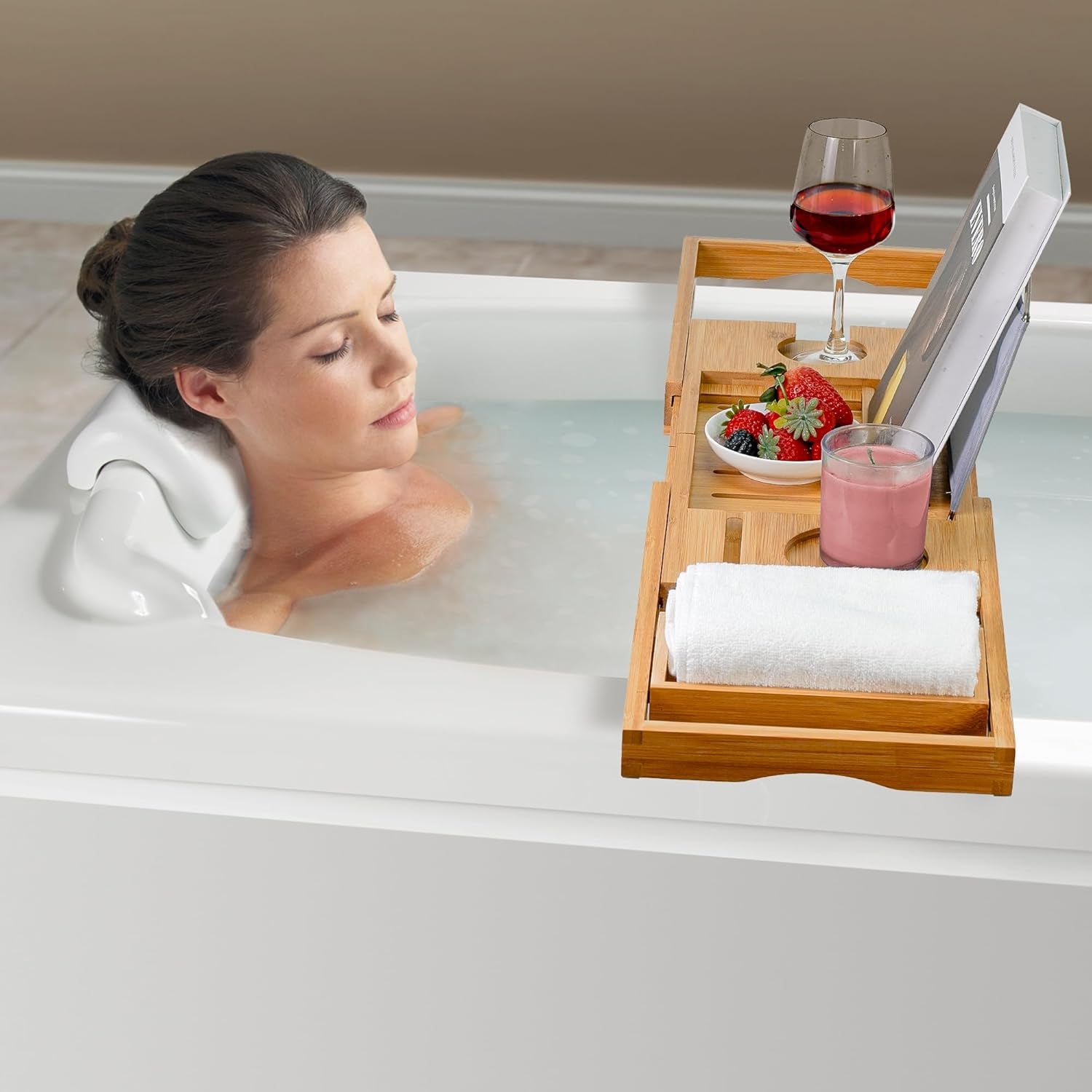 Bamboo Bathtub Caddy Tray Bath Tray for Tub, Adjustable Bathroom Bathtub Organizer with Book Tablet Wine Glass Cup Towel Holder