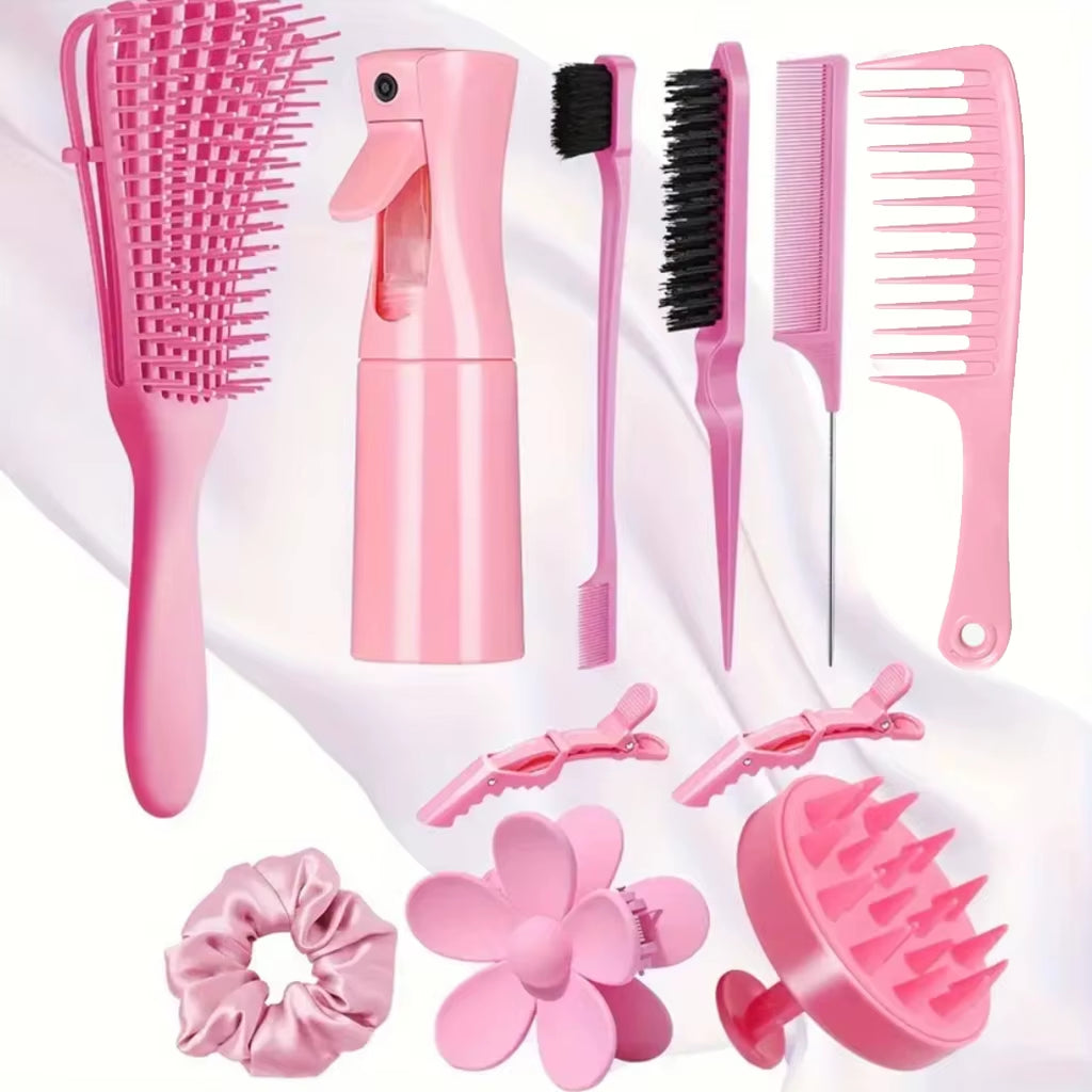11Pcs Hair Brush Set for Women and Men, Edge & Back Brushing, Curly Hair Brush Set with Spray Bottle Flower Hair Clip