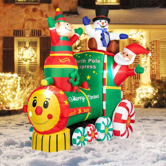 6 X 5Ft Pre-Lit Inflatables Christmas Outdoor Decoration, Santa on Train Outdoor Christmas Decoration