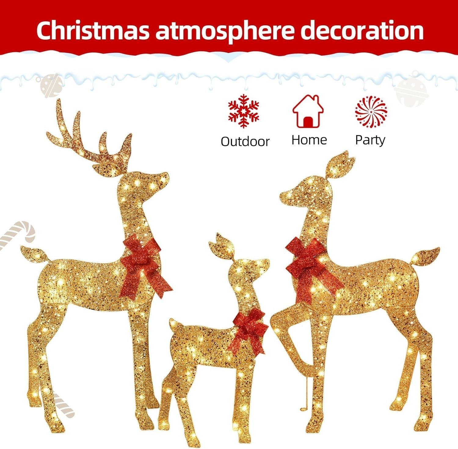 3-Piece 2D Lighted Christmas Deer Family Set - Large Outdoor Yard Reindeer Ho...