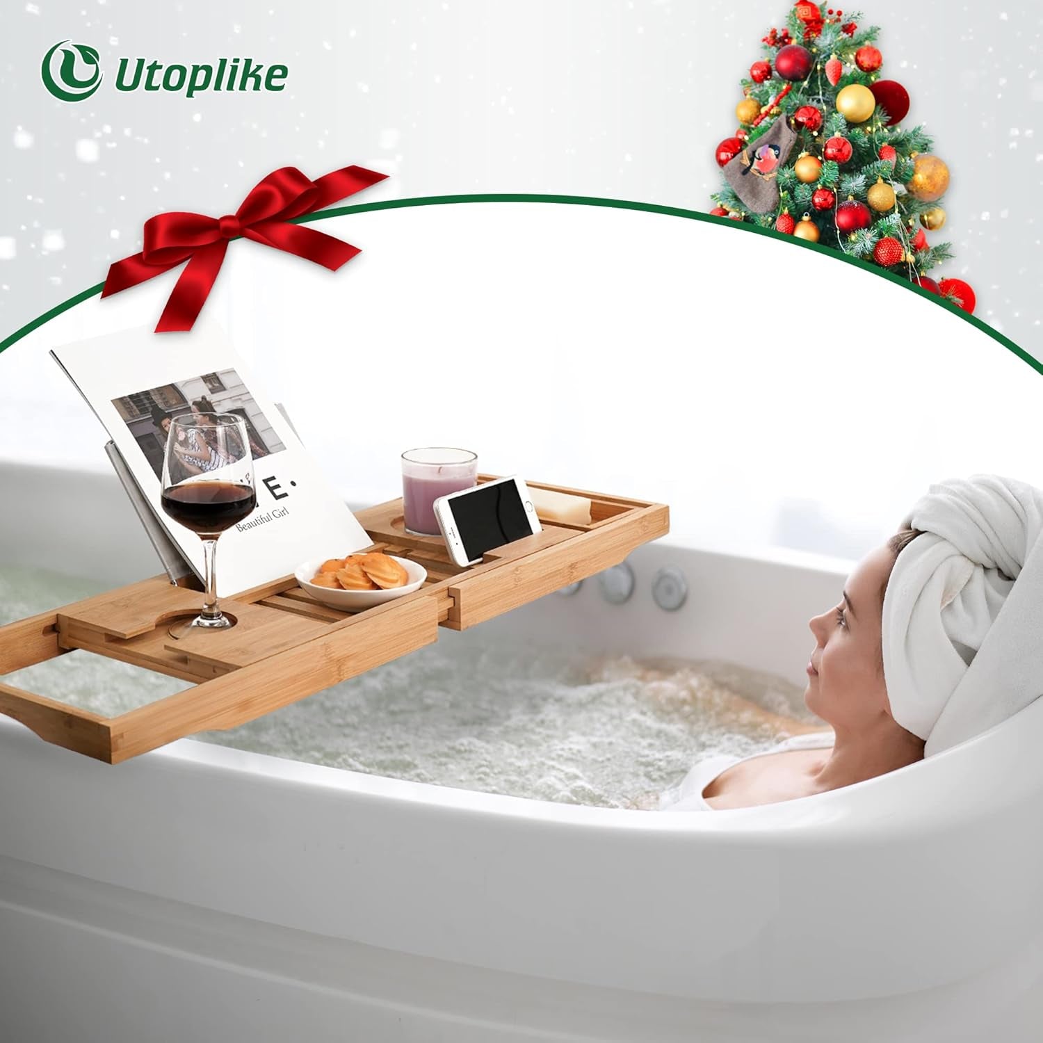 Bamboo Bathtub Caddy Tray Bath Tray for Tub, Adjustable Bathroom Bathtub Organizer with Book Tablet Wine Glass Cup Towel Holder