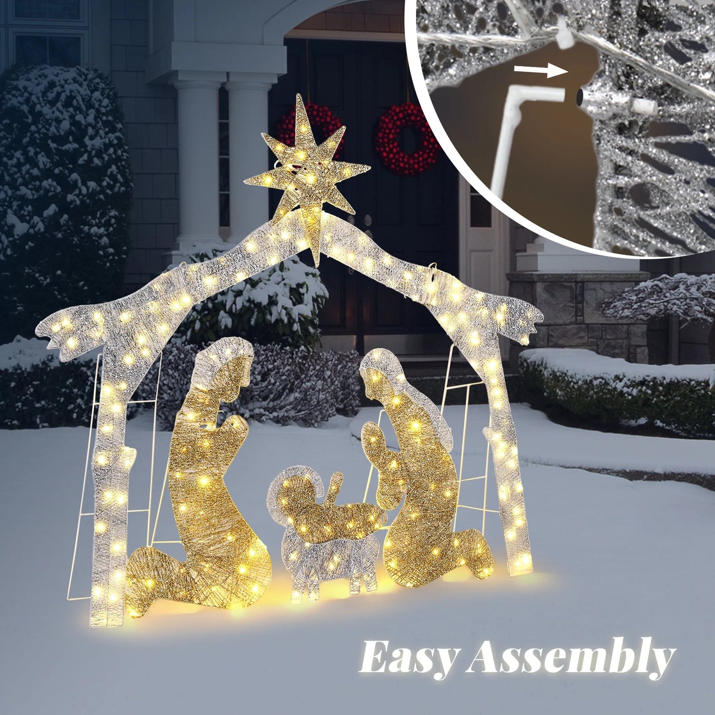 6Ft Christmas Lighted Nativity Scene Holy Family Christmas Outdoor Decor,With 190LED Lights - Silver Roof