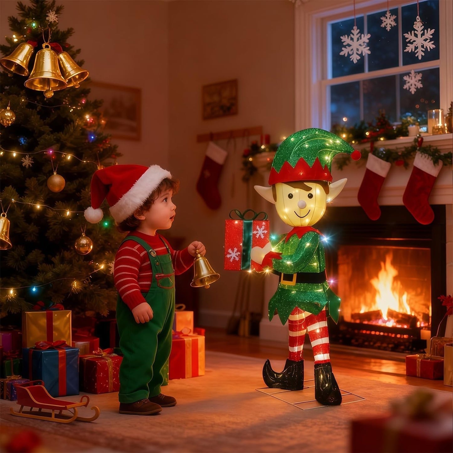 Lighted Christmas Outdoor Decor, 38" Height Pre-Lit 3D Tinsel Xmas Green Elf