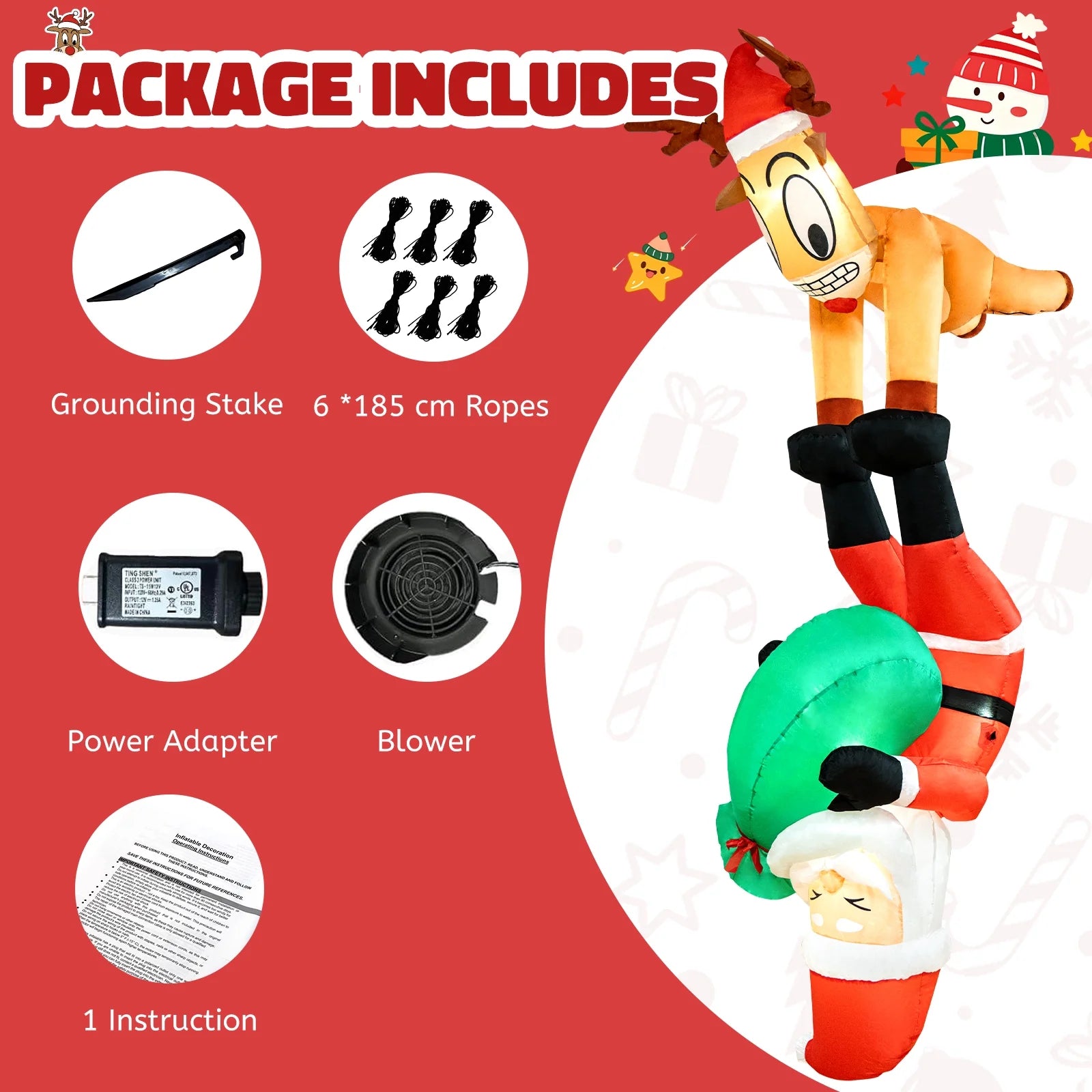 8FT Christmas Inflatables Decoration Outdoor Reindeer and Hanging Santa Blow up with Build-In LED Christmas Decorations Indoor Outdoor Yard Patio Garden Lawn Decor