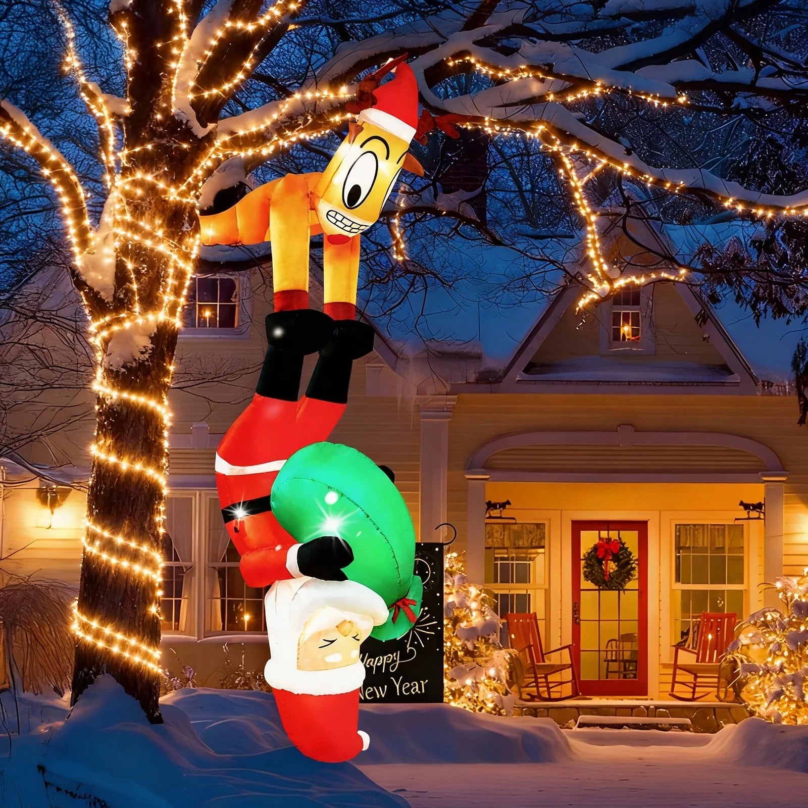 8FT Christmas Inflatables Decoration Outdoor Reindeer and Hanging Santa Blow up with Build-In LED Christmas Decorations Indoor Outdoor Yard Patio Garden Lawn Decor