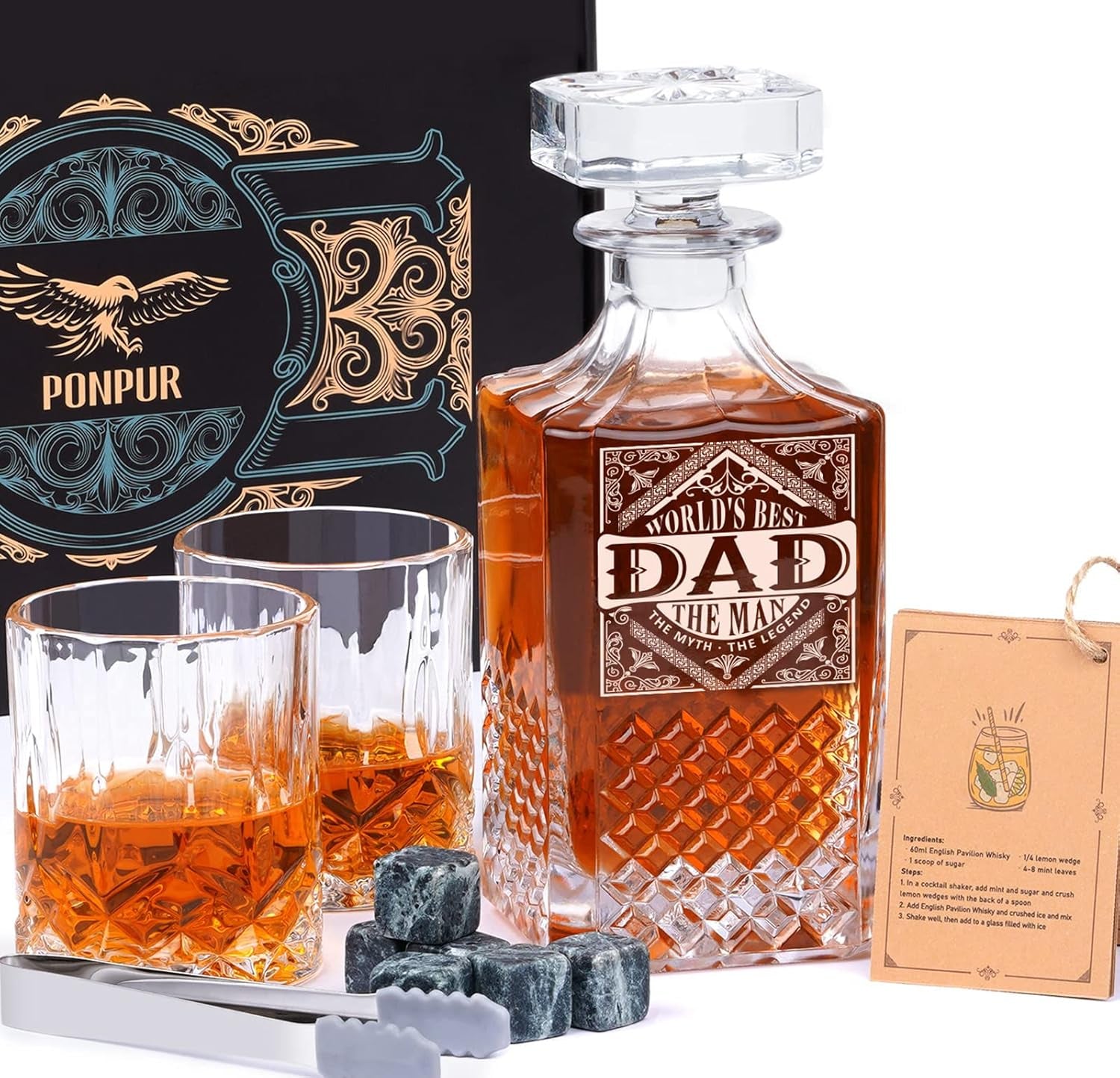 Gifts for Men Dad Stocking Stuffers, Whiskey Decanter Set with 2 Glasses, Unique Cool Dad Birthday Gift from Daughter Son, Best Christmas Retirement Present for Man Father