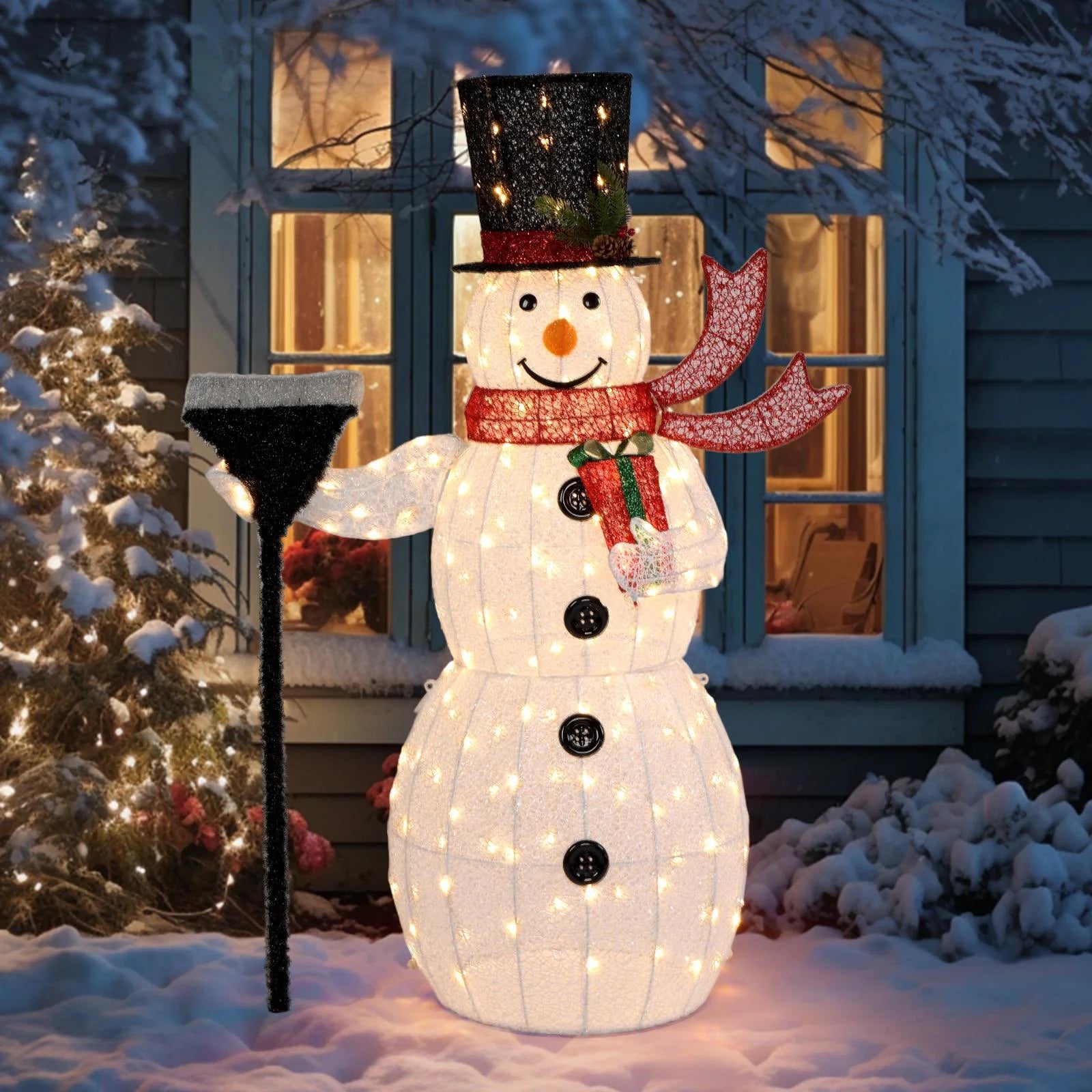 5Ft Lighted Christmas Snowman Decoration, Holding a Broom, White, 1 Count