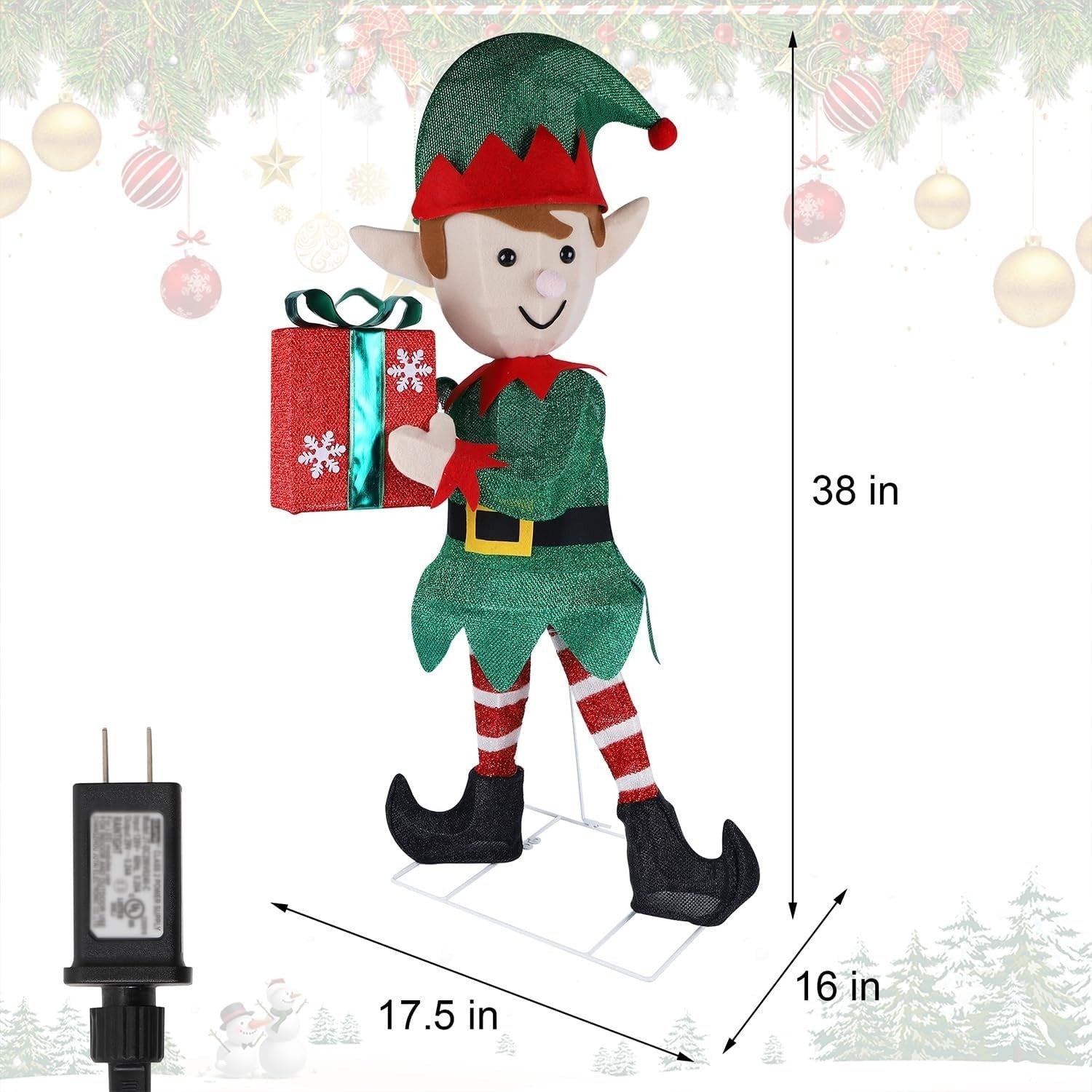Lighted Christmas Outdoor Decor, 38" Height Pre-Lit 3D Tinsel Xmas Green Elf
