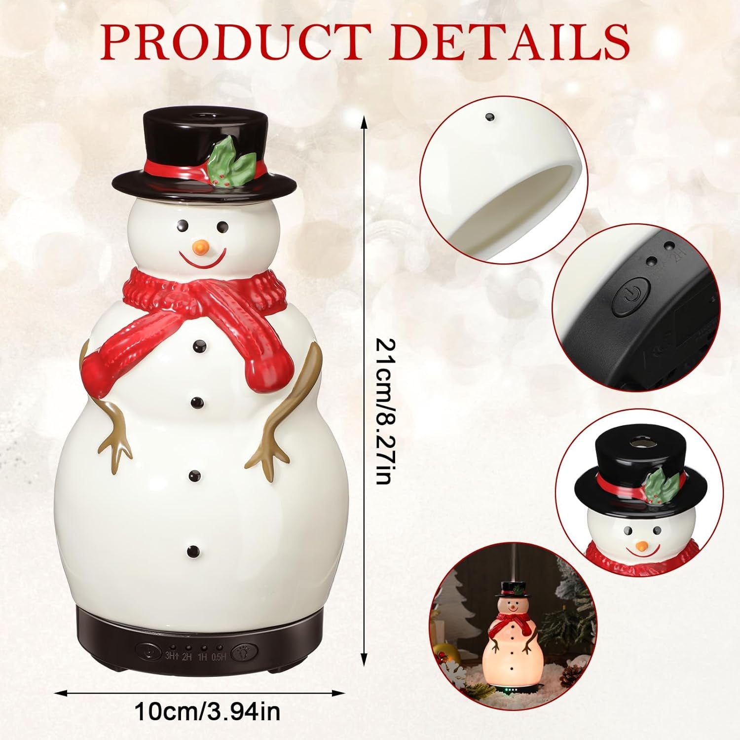 Christmas Essential Oil Diffuser 120Ml Ceramic Snowman Aromatherapy Humidifier, Holiday Diffuser Gift, Cute Tabletop Christmas Decoration for Home Office Winter(White, Red, Black)