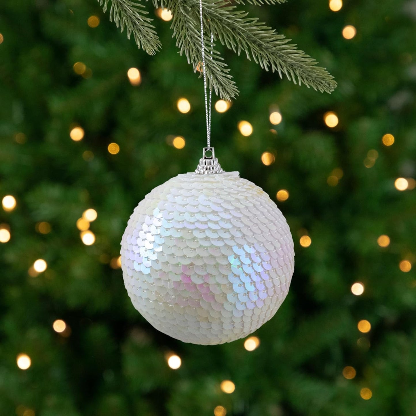 3" White Iridescent Sequin Shatterproof Ball Christmas Ornament