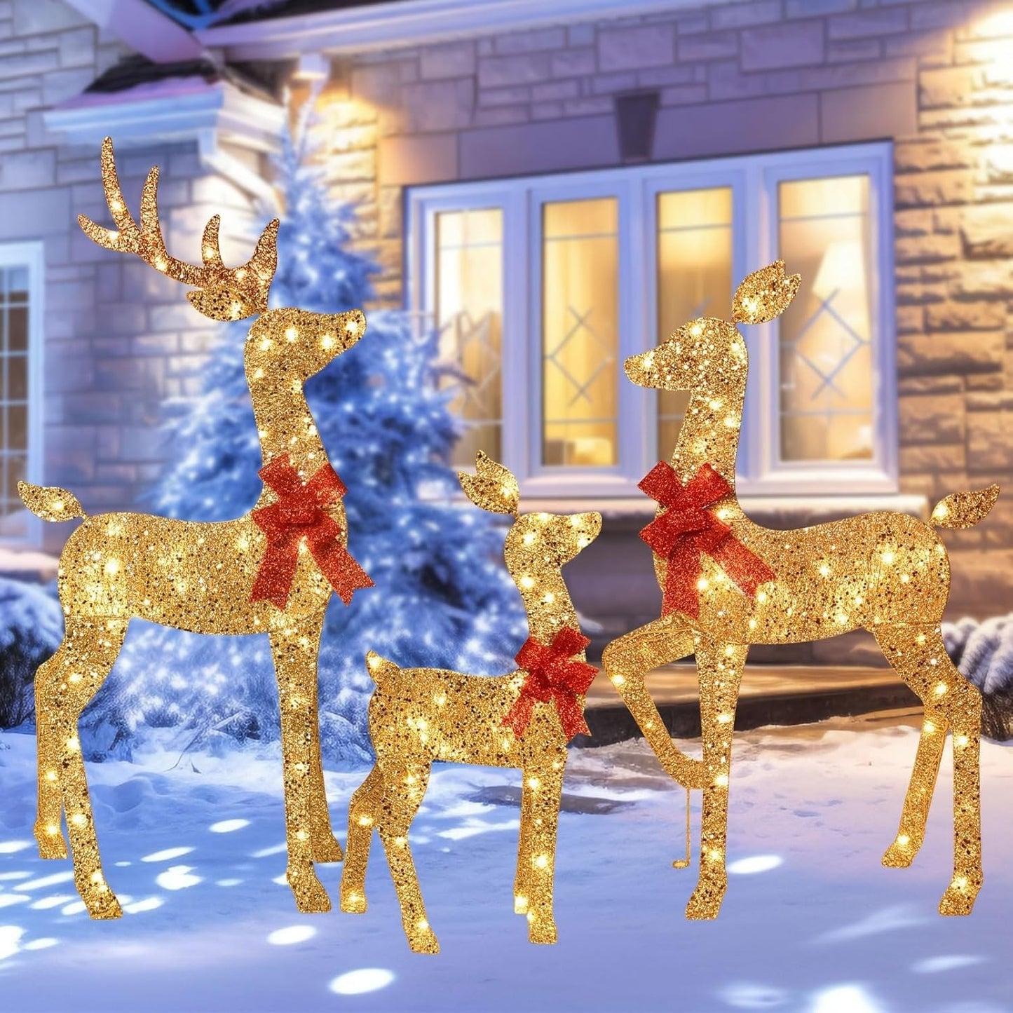 3-Piece 2D Lighted Christmas Deer Family Set - Large Outdoor Yard Reindeer Ho...