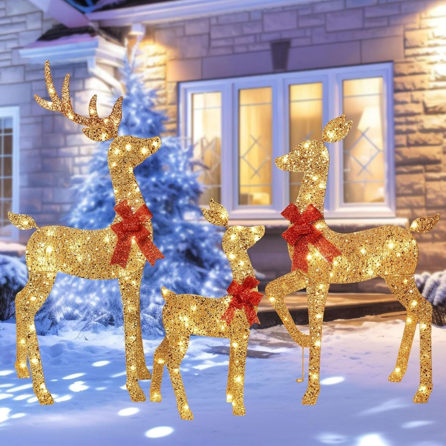 3-Piece 2D Lighted Christmas Deer Family Set - Large Outdoor Yard Reindeer Ho...