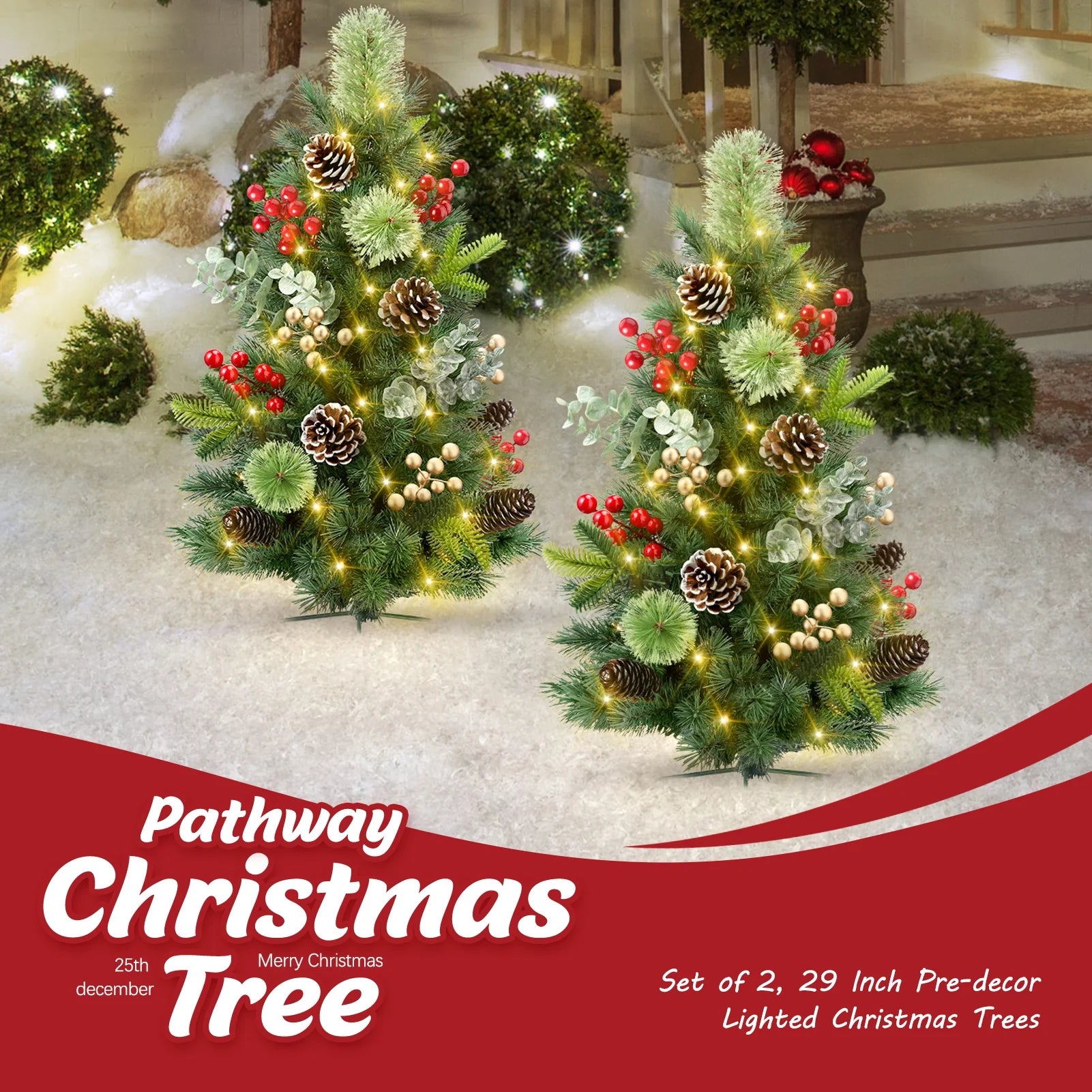 2Pcs 29In Outdoor Pathway Christmas Trees, Holiday Decor for Driveway, Yard, Garden W/Led Lights, Berries, Pine Cones, Ornaments