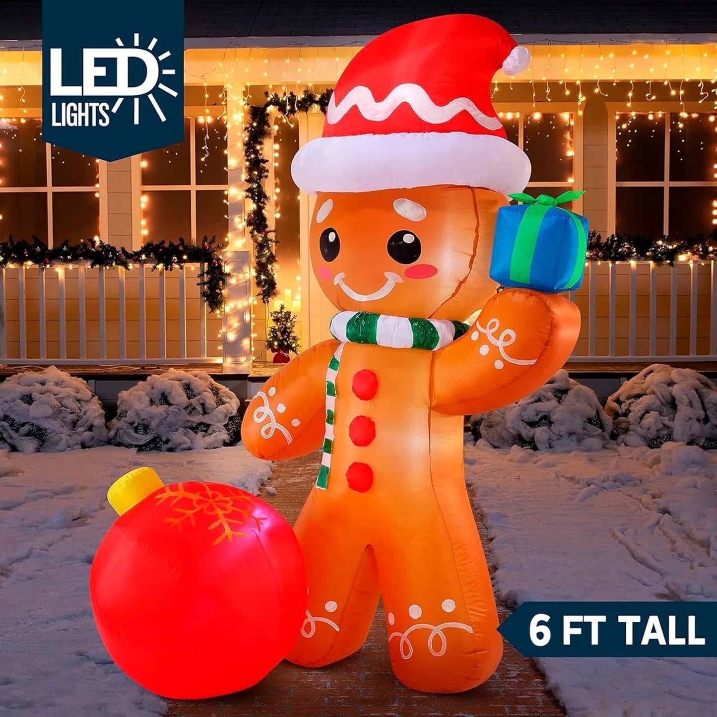 6 Ft Christmas Inflatables Gingerbread Outdoor Decorations,Gingerbread with Ornament Blow Ups with Built-In Leds for Holiday Party Garden Lawn Yard Decor