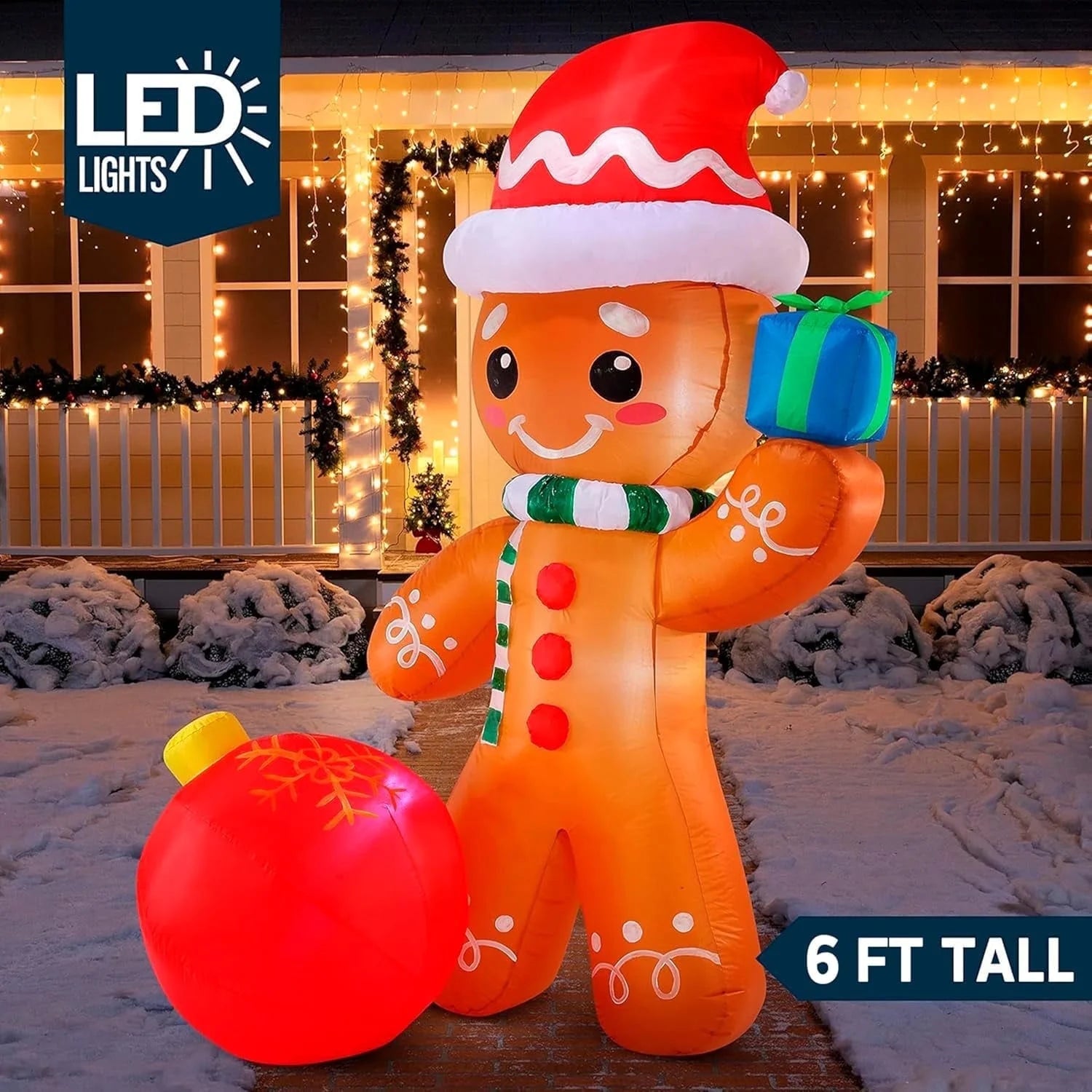 6 Ft Christmas Inflatables Gingerbread Outdoor Decorations,Gingerbread with Ornament Blow Ups with Built-In Leds for Holiday Party Garden Lawn Yard Decor