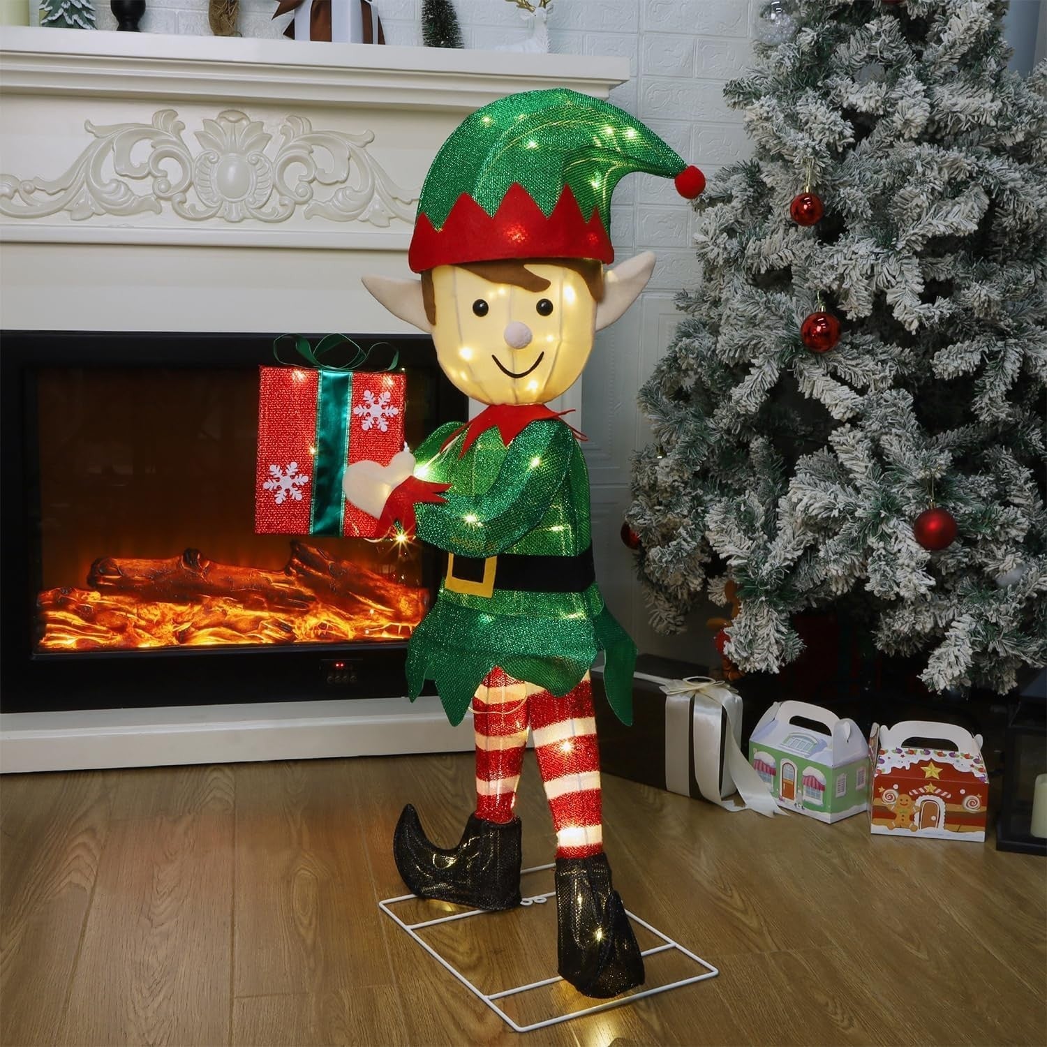 Lighted Christmas Outdoor Decor, 38" Height Pre-Lit 3D Tinsel Xmas Green Elf