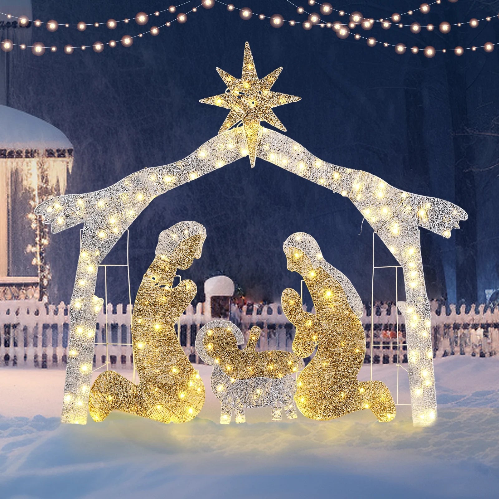 6Ft Christmas Lighted Nativity Scene Holy Family Christmas Outdoor Decor,With 190LED Lights - Silver Roof