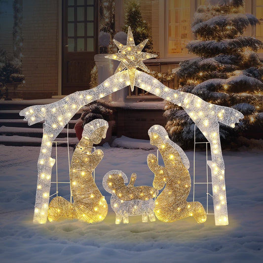 6Ft Christmas Lighted Nativity Scene Holy Family Christmas Outdoor Decor,With 190LED Lights - Silver Roof