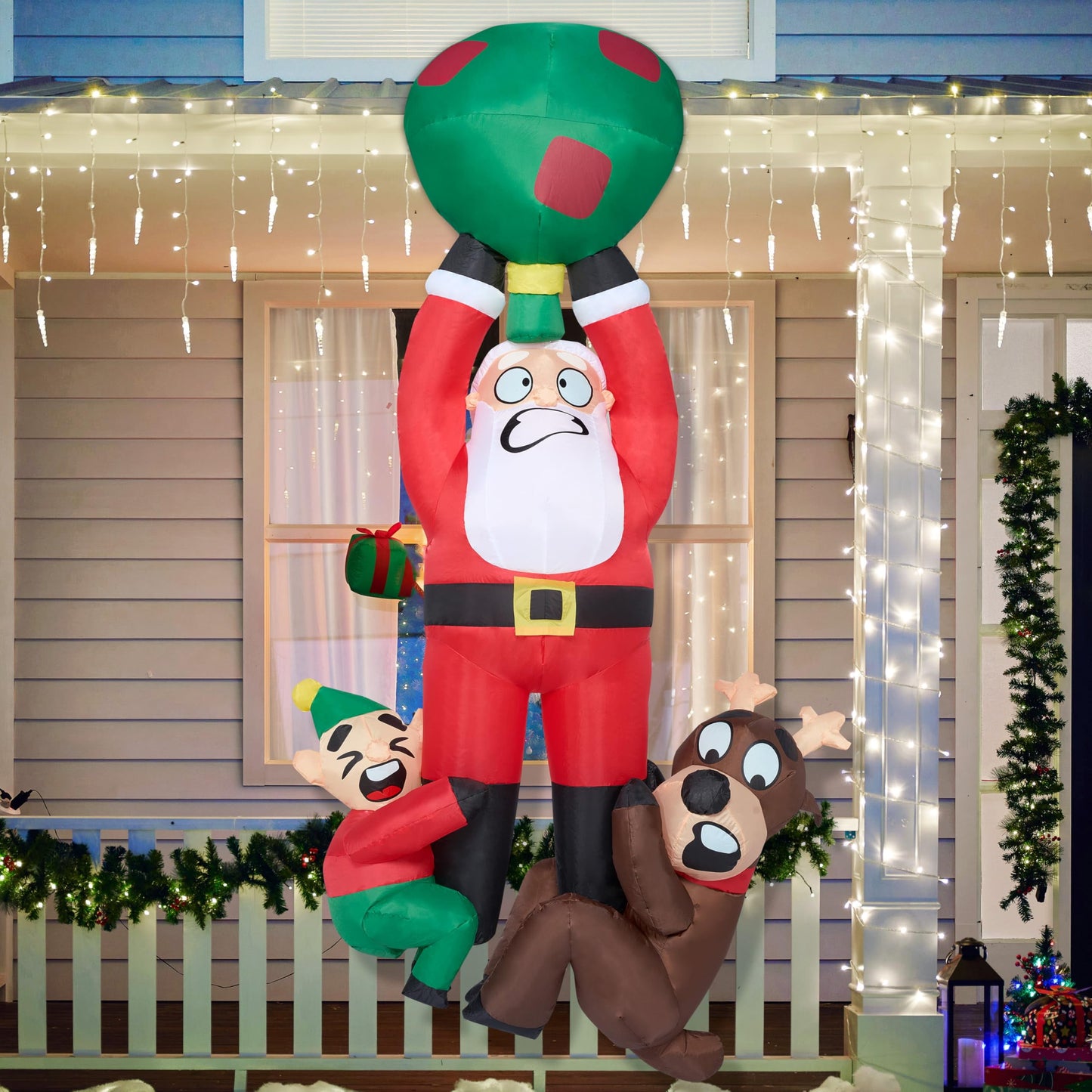 8 Ft Christmas Inflatables Santa Outdoor Decorations,Santa with Elf and Reindeer Blow Ups Yard Christmas with Built-In Leds for Holiday Party Garden Lawn Decor