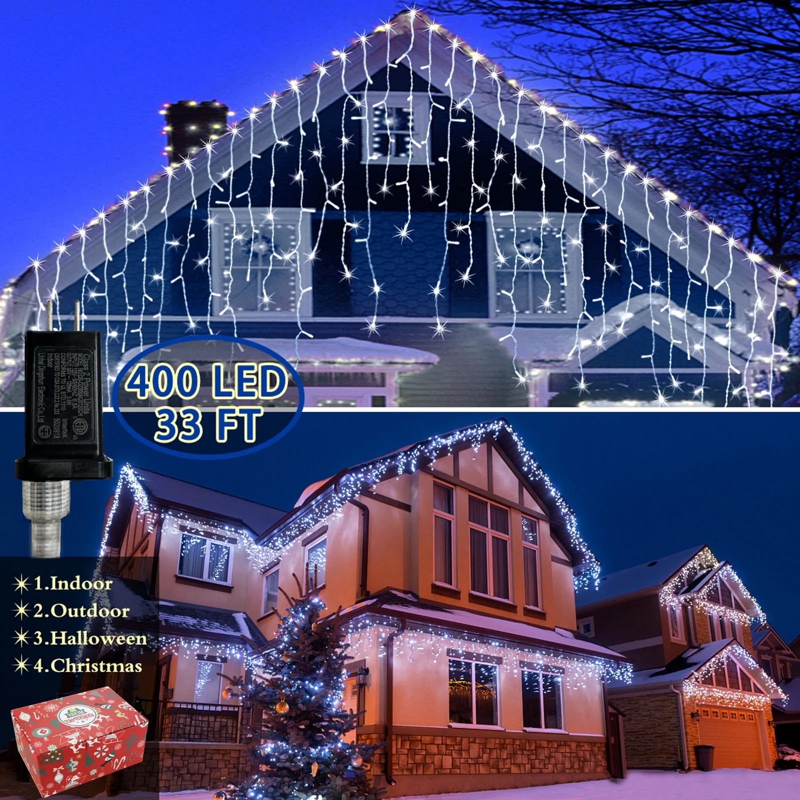 Christmas String Lights, 33Ft 400 LED Fairy Twinkle Lights 8 Modes Plug in Light for Holiday Wedding Party Home Indoor Outdoor Decoration, Cool White