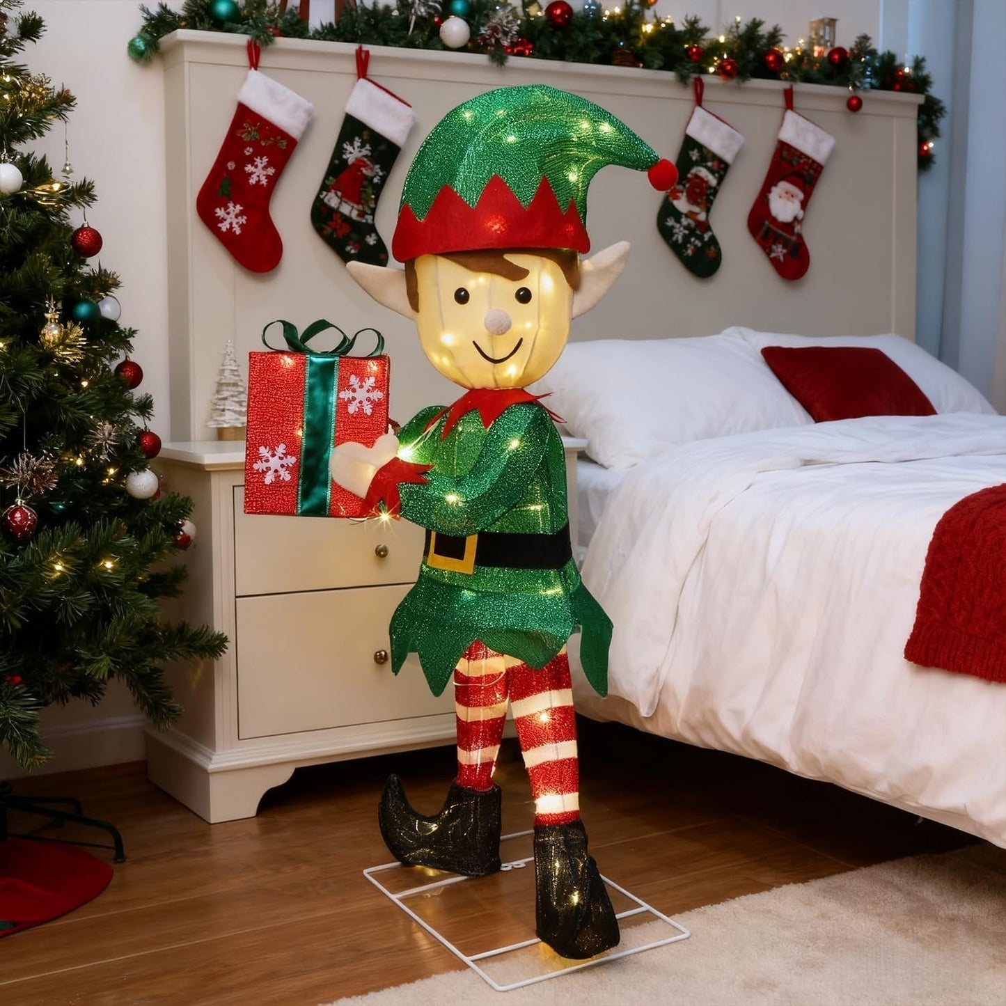 Lighted Christmas Outdoor Decor, 38" Height Pre-Lit 3D Tinsel Xmas Green Elf