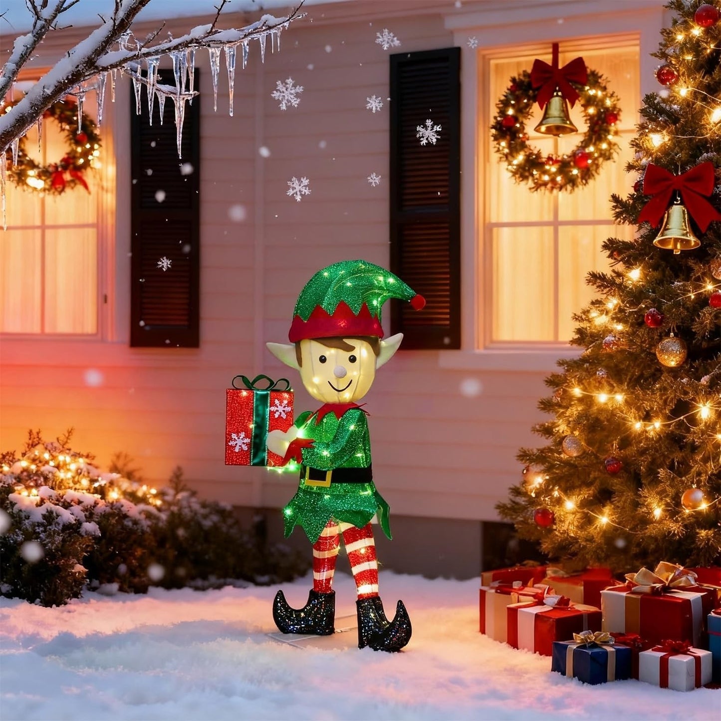 Lighted Christmas Outdoor Decor, 38" Height Pre-Lit 3D Tinsel Xmas Green Elf