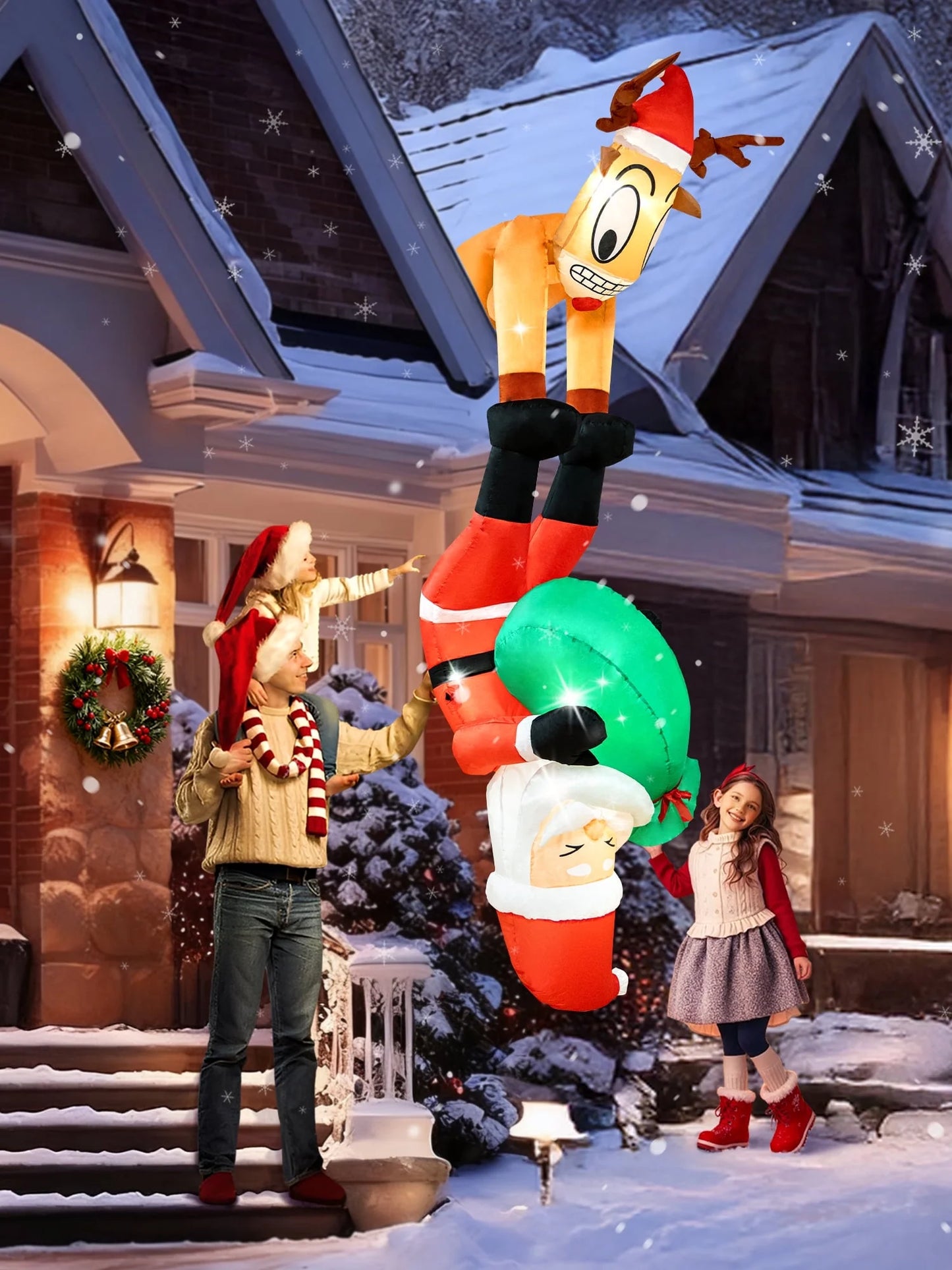 8FT Christmas Inflatables Decoration Outdoor Reindeer and Hanging Santa Blow up with Build-In LED Christmas Decorations Indoor Outdoor Yard Patio Garden Lawn Decor