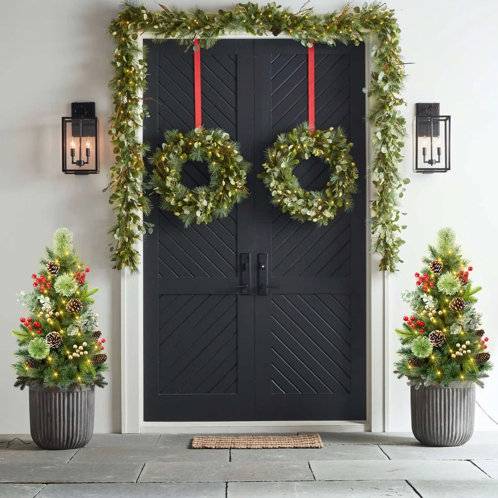 2Pcs 29In Outdoor Pathway Christmas Trees, Holiday Decor for Driveway, Yard, Garden W/Led Lights, Berries, Pine Cones, Ornaments