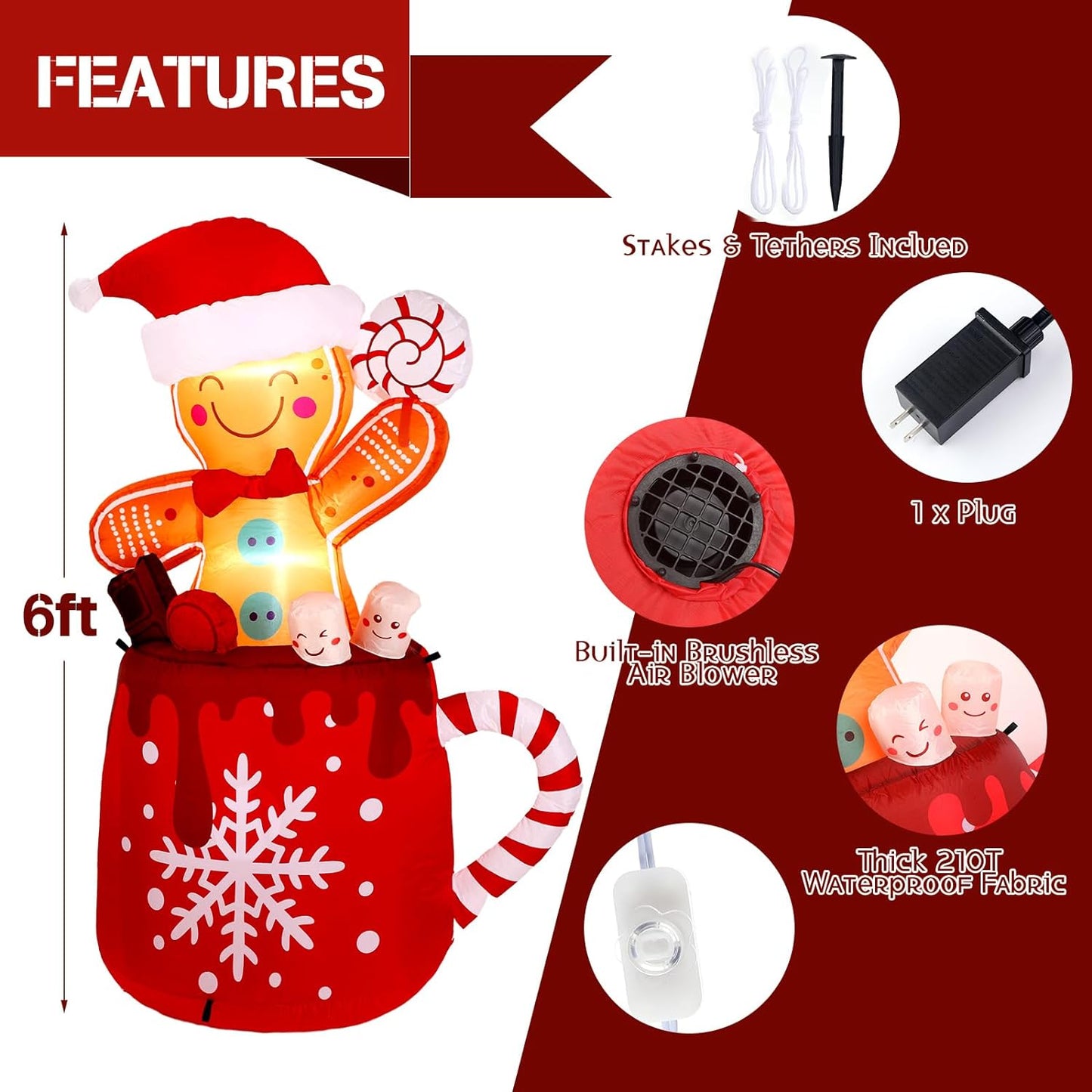 6 FT Gingerbread Man Inflatable with LED Light for Christmas Outdoor Decor