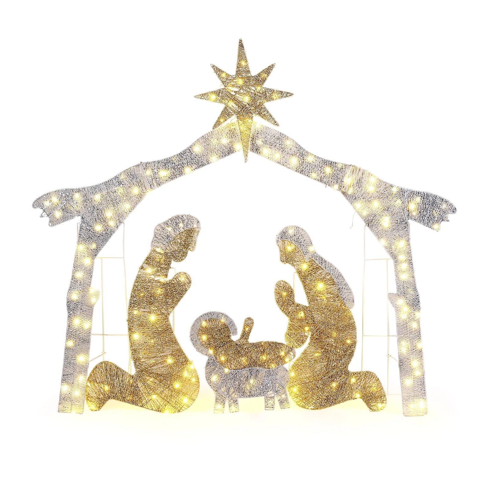 6Ft Christmas Lighted Nativity Scene Holy Family Christmas Outdoor Decor,With 190LED Lights - Silver Roof
