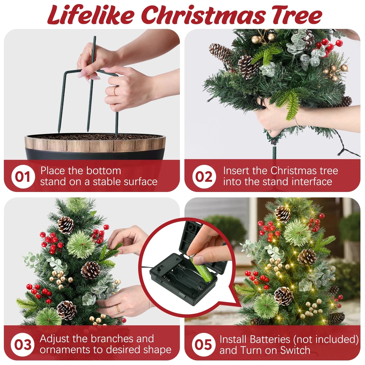 2Pcs 29In Outdoor Pathway Christmas Trees, Holiday Decor for Driveway, Yard, Garden W/Led Lights, Berries, Pine Cones, Ornaments